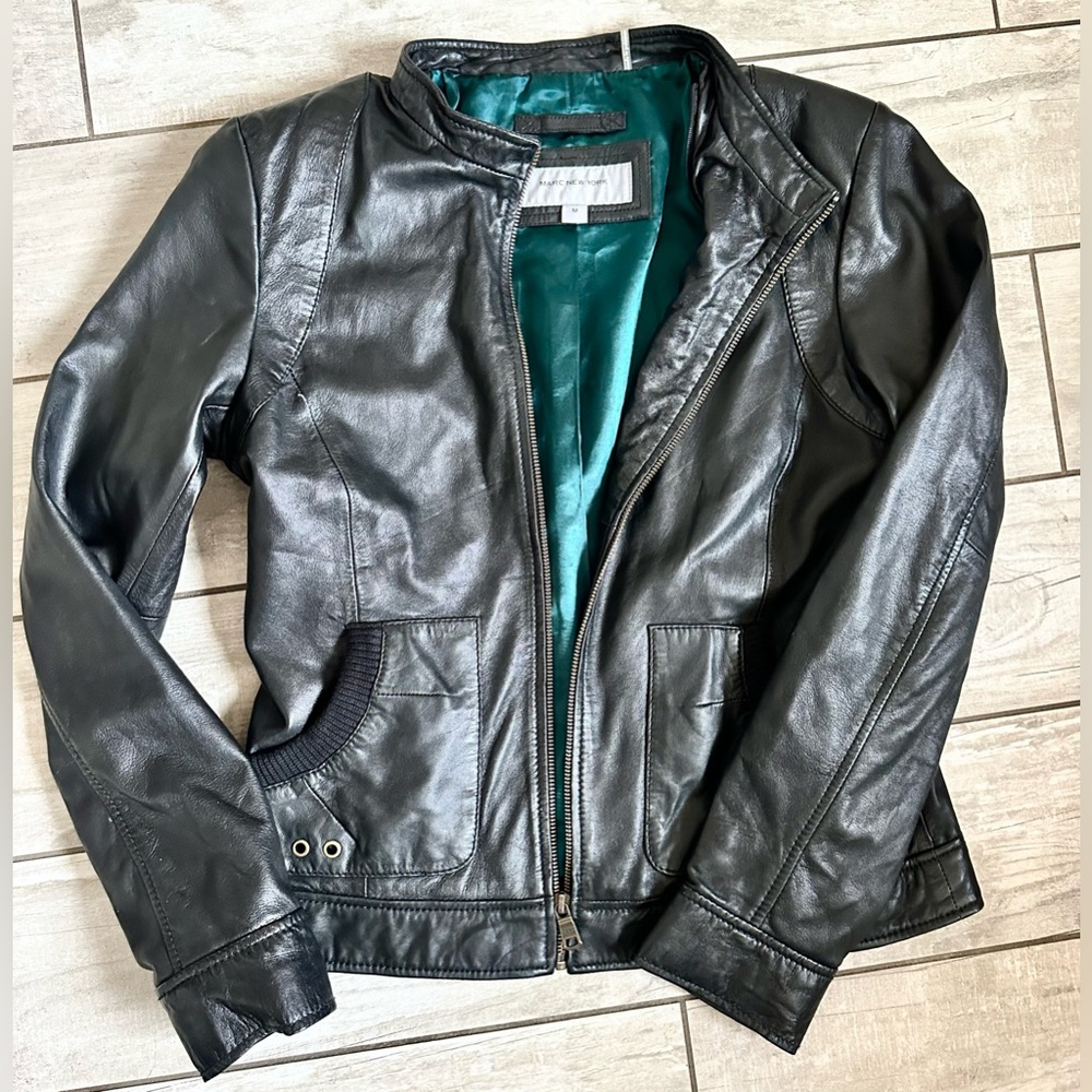 Andrew Marc Black Moto Jacket with Pockets + Turquoise Satin Lining Sz M